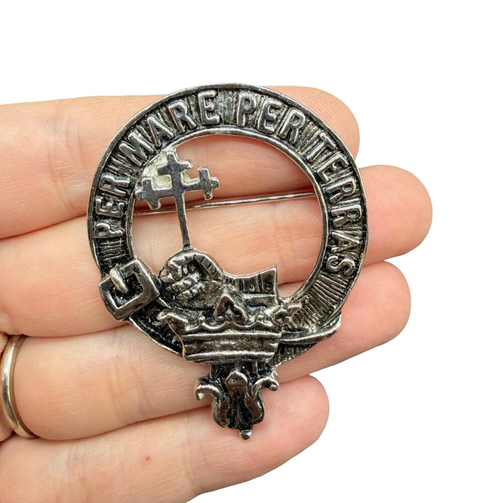 Vintage, MacDonald Clan Brooch, Celtic, Per Mare Per Terras, Silver Tone